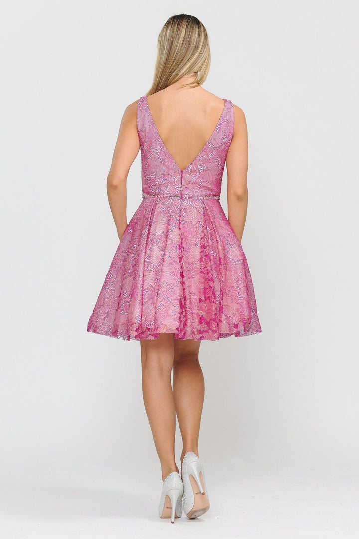 Short Glitter Print V-Neck Dress with Pockets by Poly USA 8504
