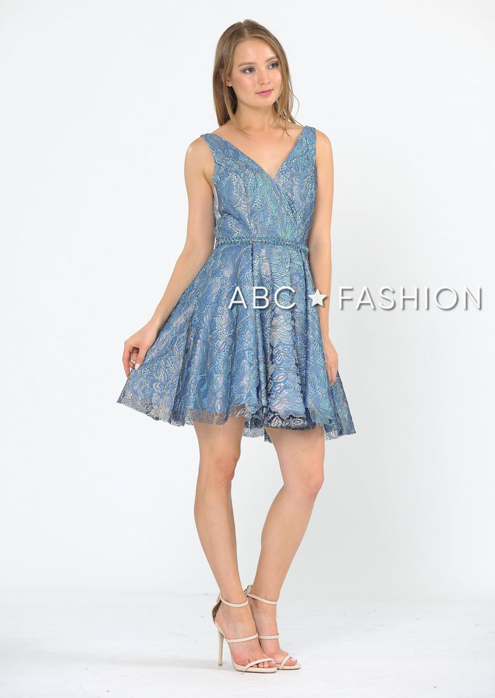 Short Glitter Print V-Neck Dress with Pockets by Poly USA 8504-Short Cocktail Dresses-ABC Fashion