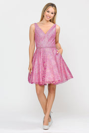 Short Glitter Print V-Neck Dress with Pockets by Poly USA 8504-Short Cocktail Dresses-ABC Fashion