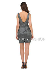 Short Glitter V-Neck Dress with Open Back by Poly USA 8212-Short Cocktail Dresses-ABC Fashion