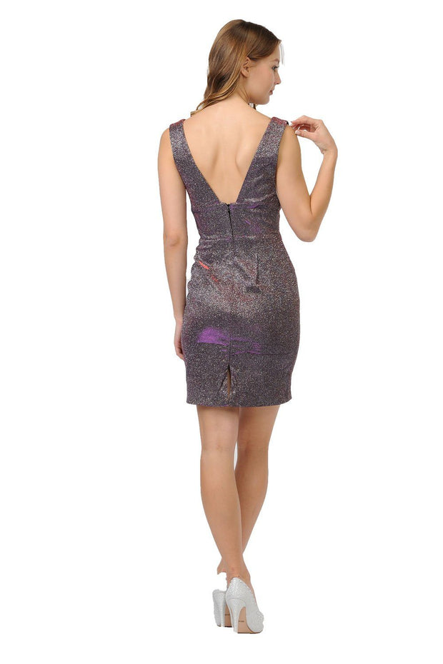 Short Glitter V-Neck Dress with Open Back by Poly USA 8212-Short Cocktail Dresses-ABC Fashion