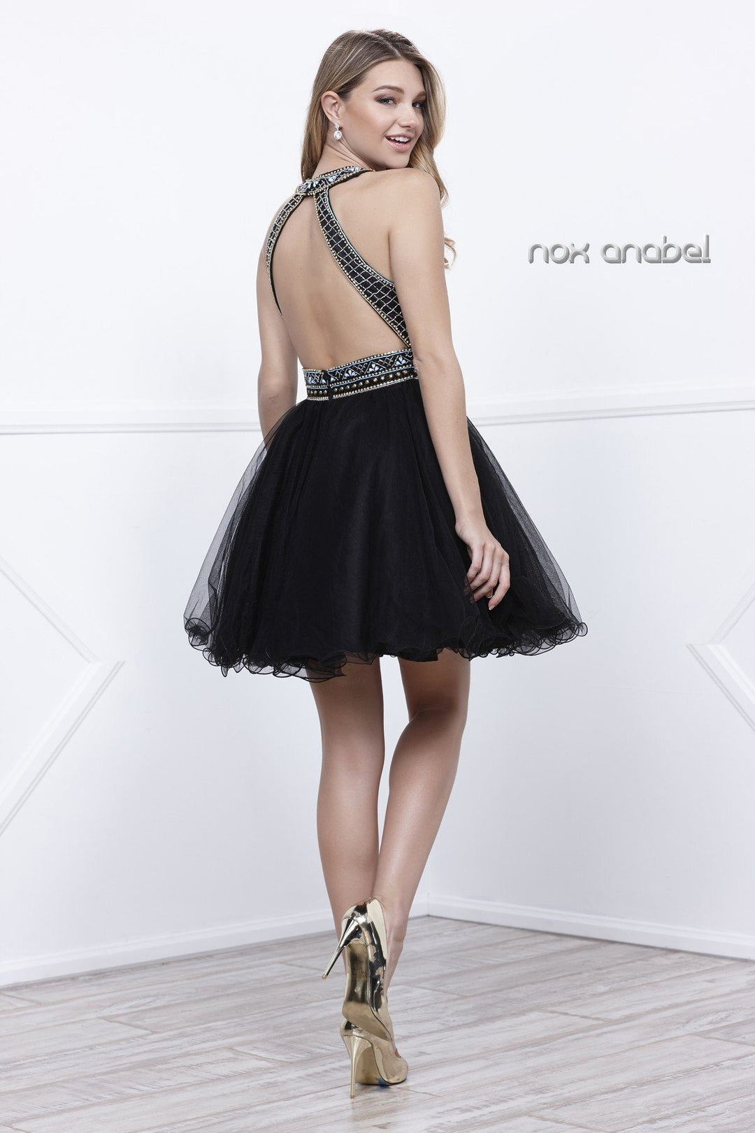 Short Gold Beaded Halter Cocktail Dress by Nox Anabel 6260-Short Cocktail Dresses-ABC Fashion