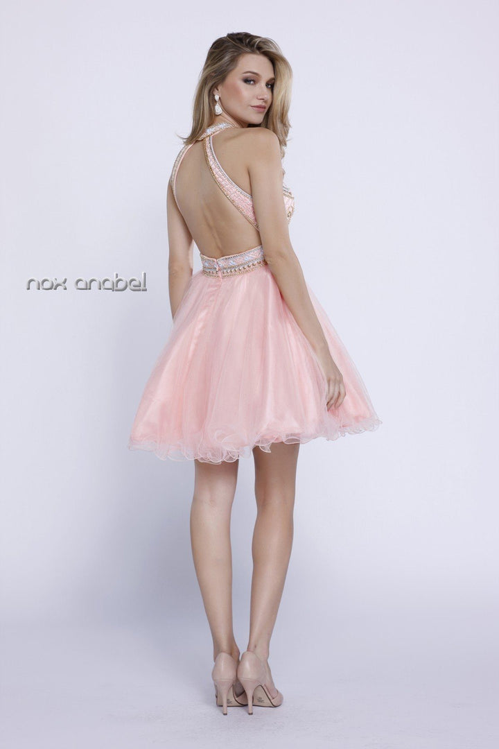 Short Gold Beaded Halter Cocktail Dress by Nox Anabel 6260-Short Cocktail Dresses-ABC Fashion