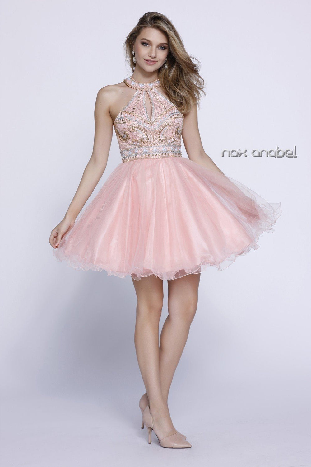 Short Gold Beaded Halter Cocktail Dress by Nox Anabel 6260-Short Cocktail Dresses-ABC Fashion