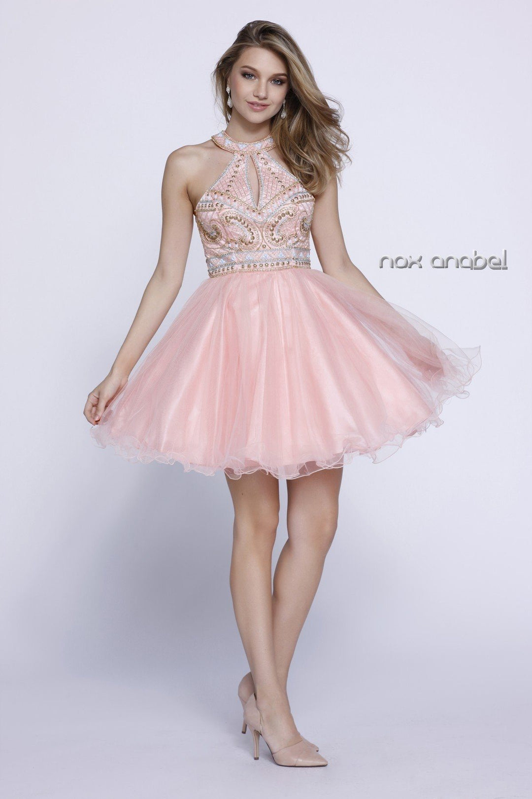Short Gold Beaded Halter Cocktail Dress by Nox Anabel 6260-Short Cocktail Dresses-ABC Fashion