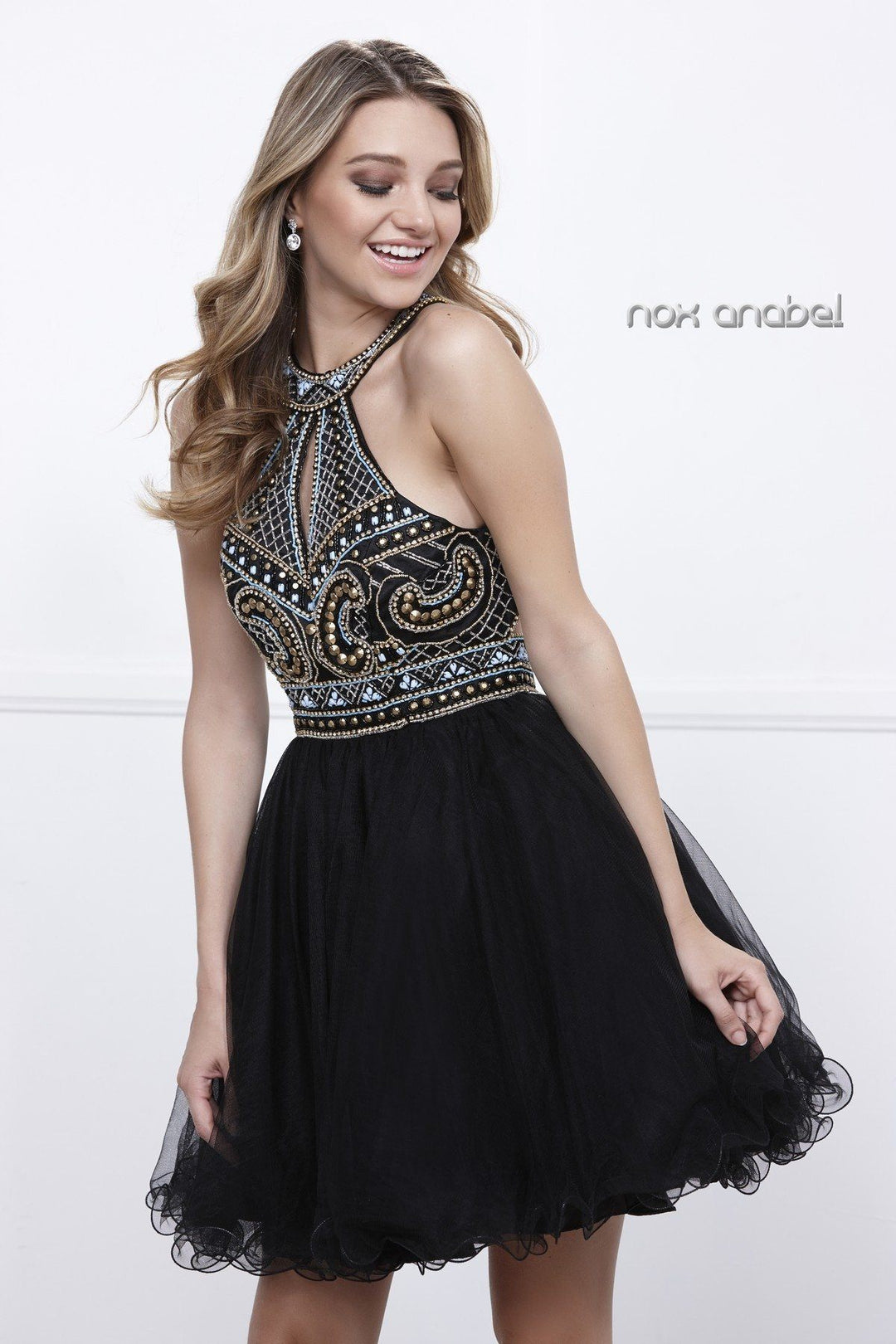 Short Gold Beaded Halter Cocktail Dress by Nox Anabel 6260-Short Cocktail Dresses-ABC Fashion