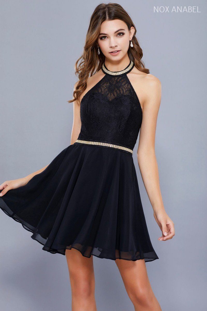 Short Halter Chiffon Dress with Lace Bodice by Nox Anabel 6225-Short Cocktail Dresses-ABC Fashion