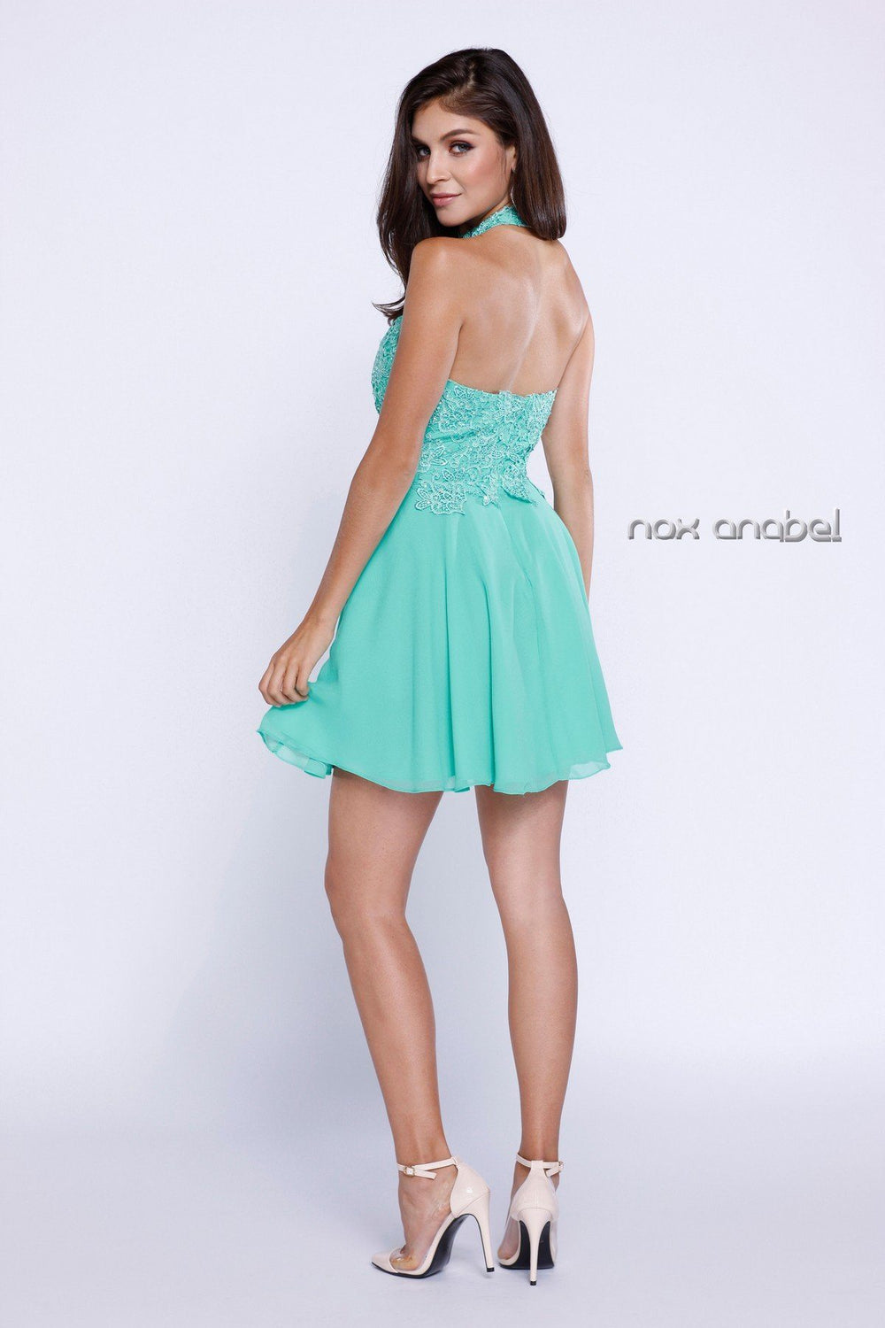Short Halter Cocktail Dress with Sequined Lace by Nox Anabel 6210-Short Cocktail Dresses-ABC Fashion