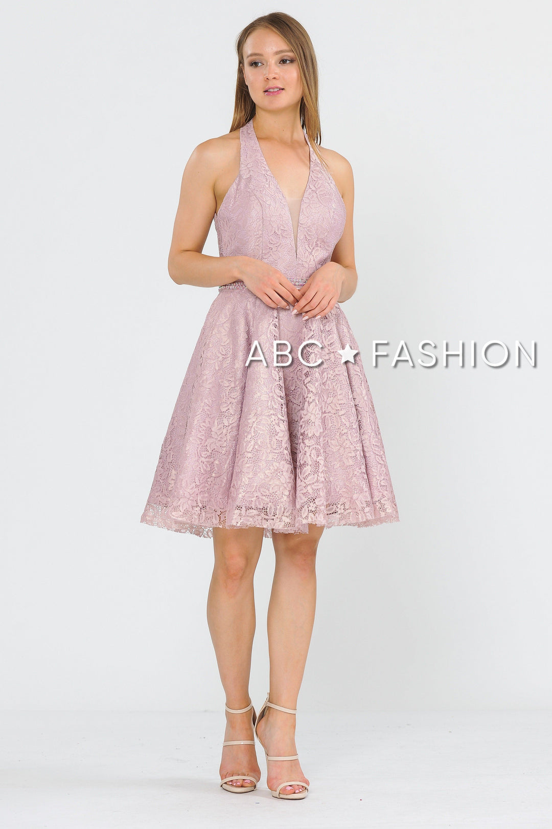 Short Halter Lace Dress with Open Back by Poly USA 8428-Short Cocktail Dresses-ABC Fashion