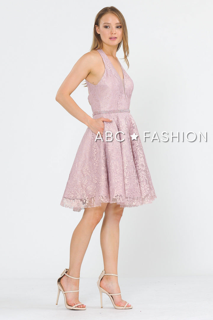 Short Halter Lace Dress with Open Back by Poly USA 8428-Short Cocktail Dresses-ABC Fashion