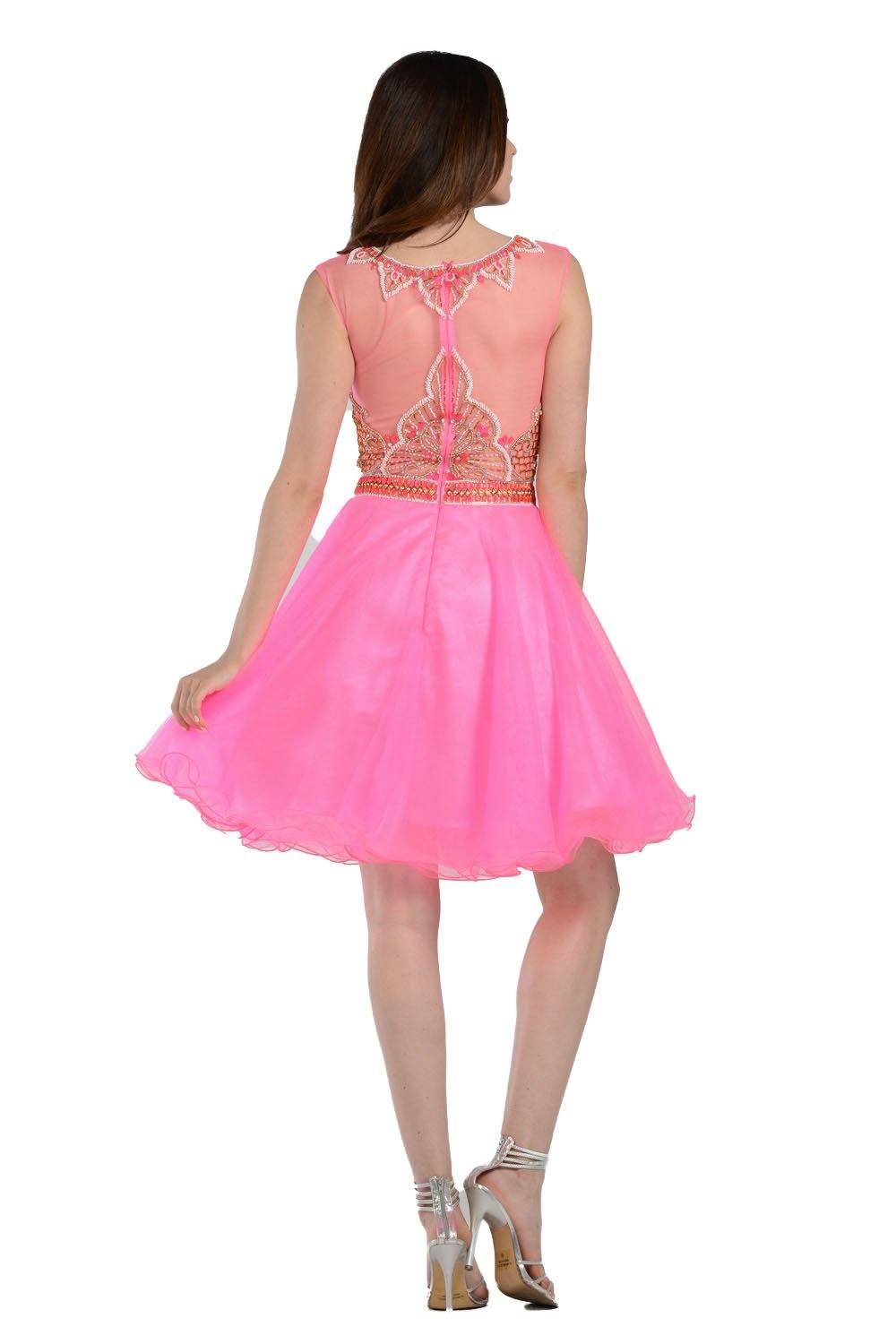 Short Sleeveless Beaded A-Line Dress By Poly USA 7542 XS / Hot Pink Short Sleeveless Beaded A-Line Dress By Poly USA 7542 XS / Hot Pink