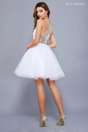 Short Illusion Dress with Beaded Bodice by Nox Anabel 6250-Short Cocktail Dresses-ABC Fashion