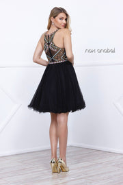 Short Illusion Dress with Beaded Bodice by Nox Anabel 6250-Short Cocktail Dresses-ABC Fashion