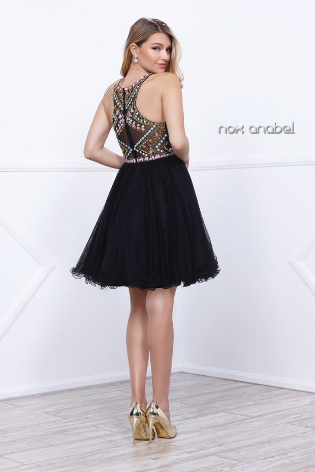 Short Illusion Dress with Beaded Bodice by Nox Anabel 6250-Short Cocktail Dresses-ABC Fashion