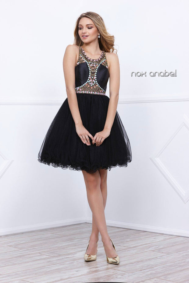 Short Illusion Dress with Beaded Bodice by Nox Anabel 6250-Short Cocktail Dresses-ABC Fashion