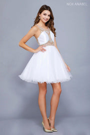 Short Illusion Dress with Beaded Bodice by Nox Anabel 6250-Short Cocktail Dresses-ABC Fashion
