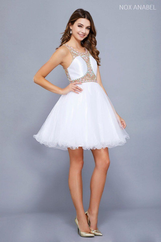 Short Illusion Dress with Beaded Bodice by Nox Anabel 6250-Short Cocktail Dresses-ABC Fashion