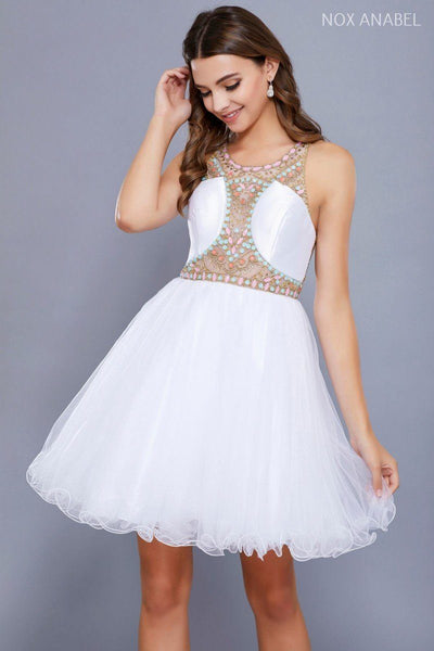 Short Illusion Dress with Beaded Bodice by Nox Anabel 6250-Short Cocktail Dresses-ABC Fashion