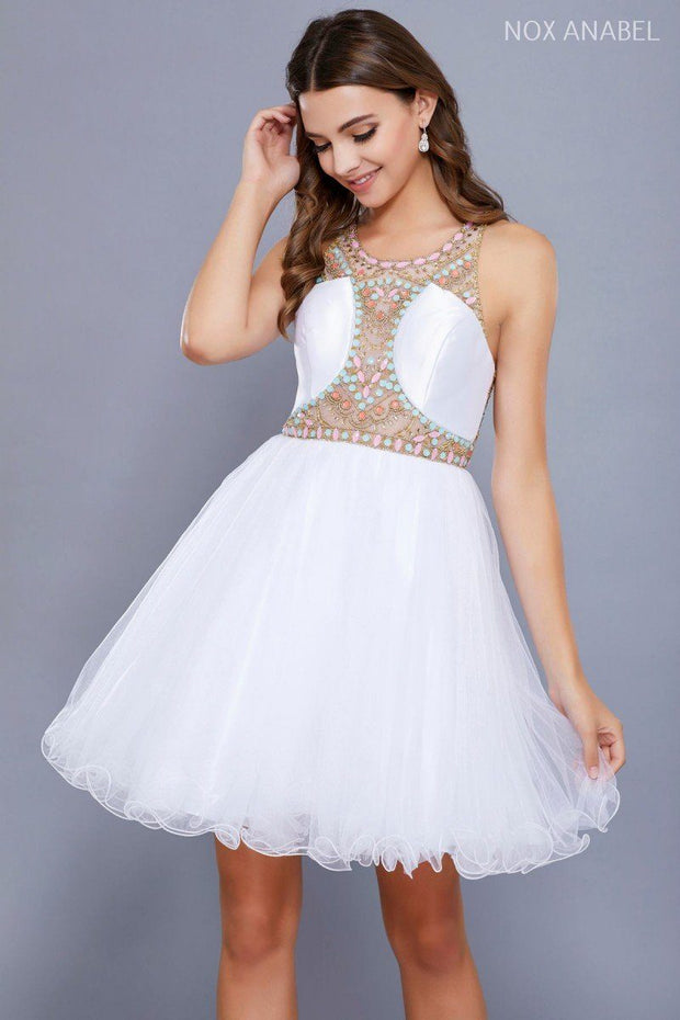Short Illusion Dress with Beaded Bodice by Nox Anabel 6250-Short Cocktail Dresses-ABC Fashion
