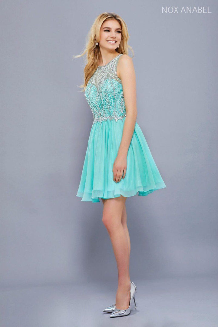 Short Illusion Dress with Beaded Bodice by Nox Anabel 6258-Short Cocktail Dresses-ABC Fashion