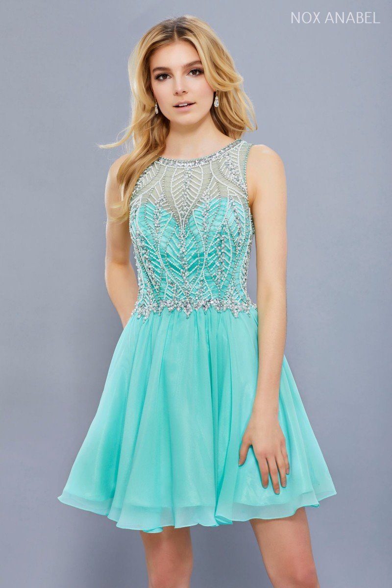 Short Illusion Dress with Beaded Bodice by Nox Anabel 6258-Short Cocktail Dresses-ABC Fashion
