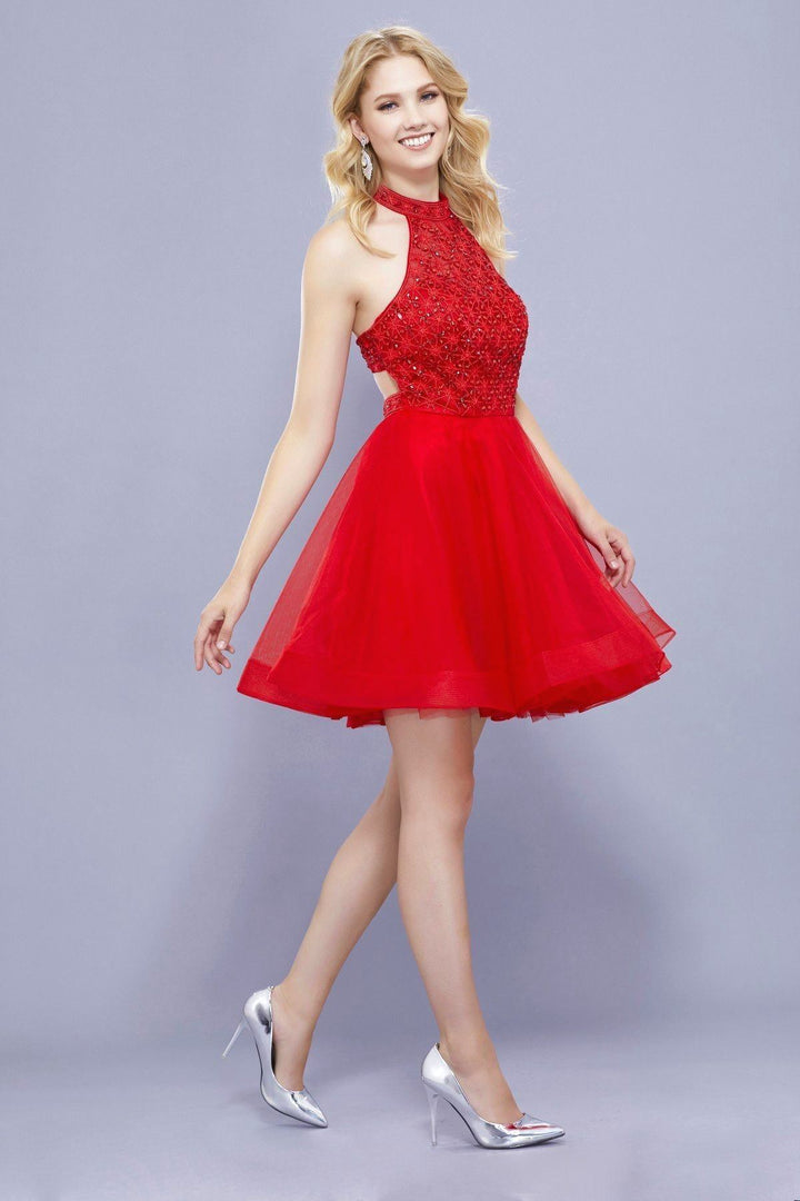 Short Illusion Dress with Beaded Top by Nox Anabel 6316-Short Cocktail Dresses-ABC Fashion