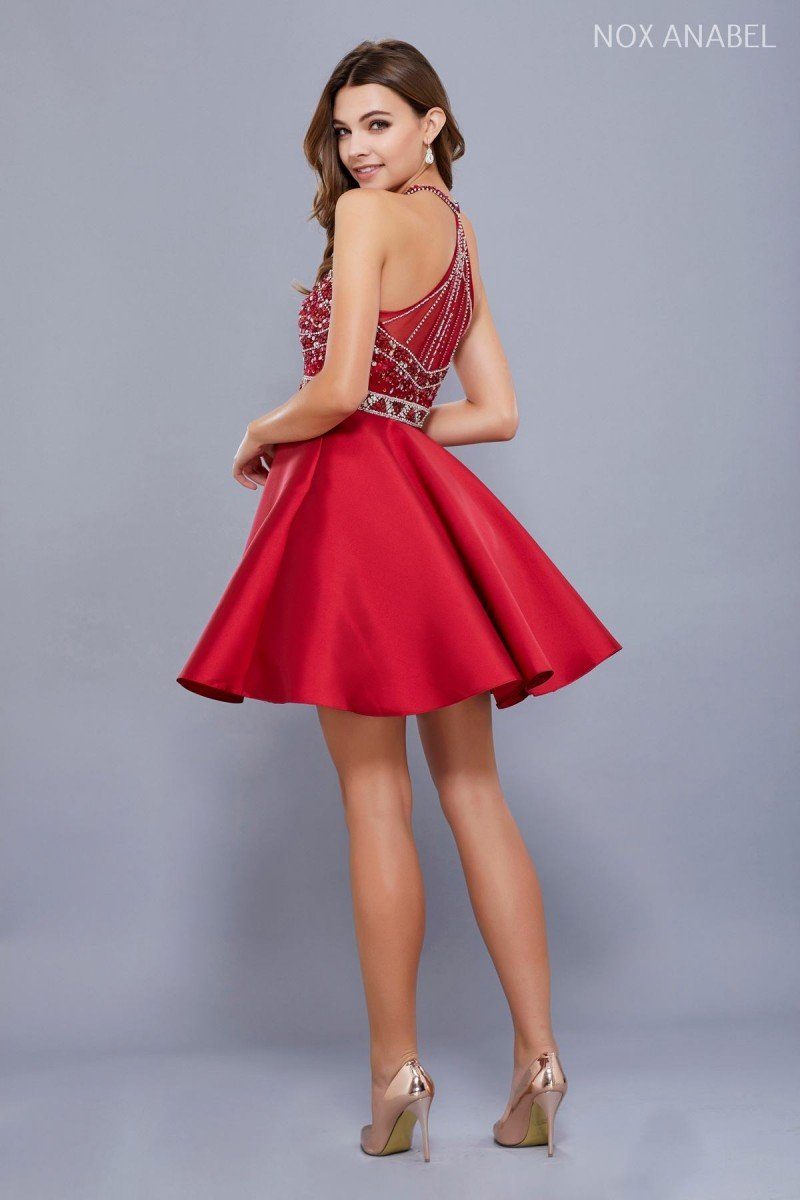 Short Illusion Dress with Embellished Bodice by Nox Anabel 6262-Short Cocktail Dresses-ABC Fashion