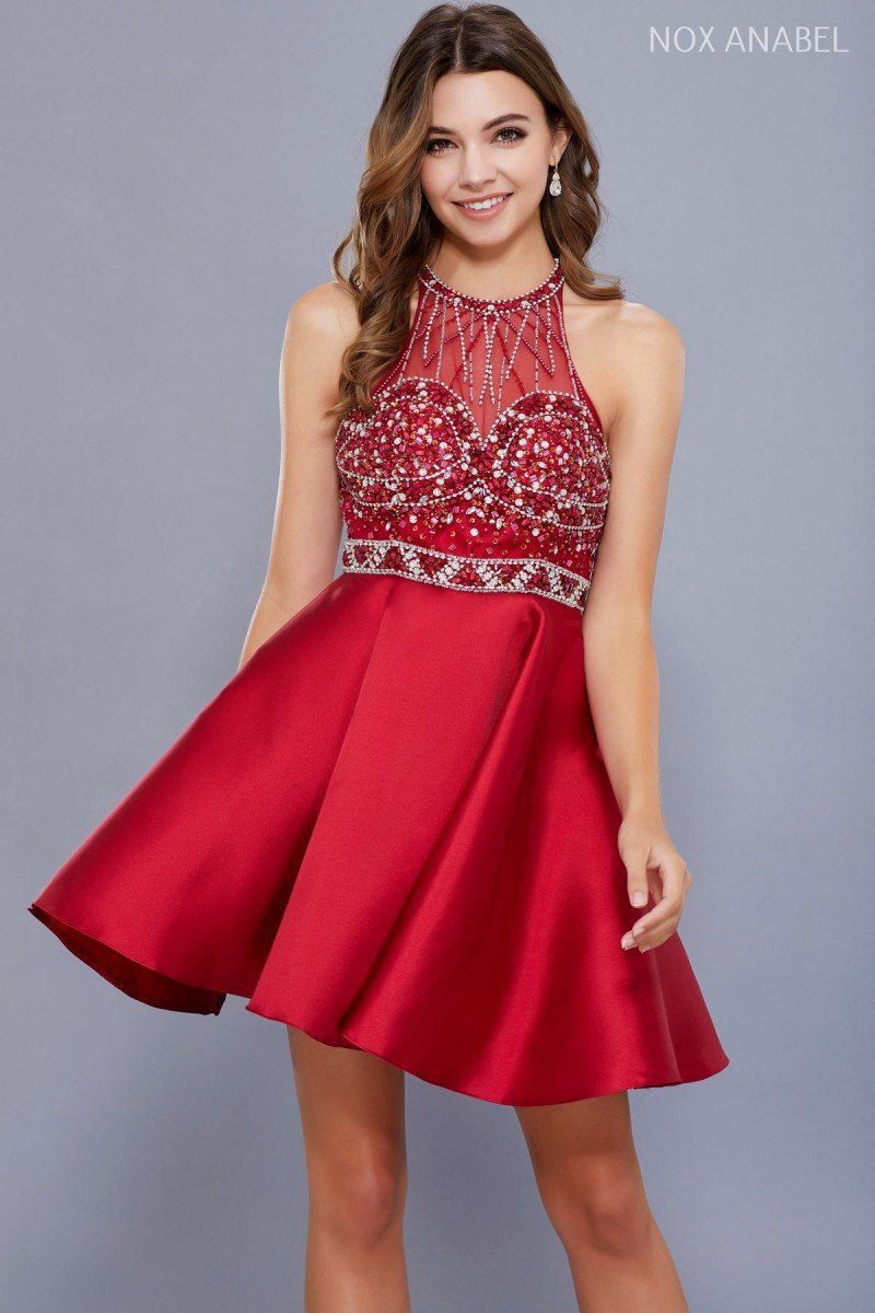 Short Illusion Dress with Embellished Bodice by Nox Anabel 6262-Short Cocktail Dresses-ABC Fashion