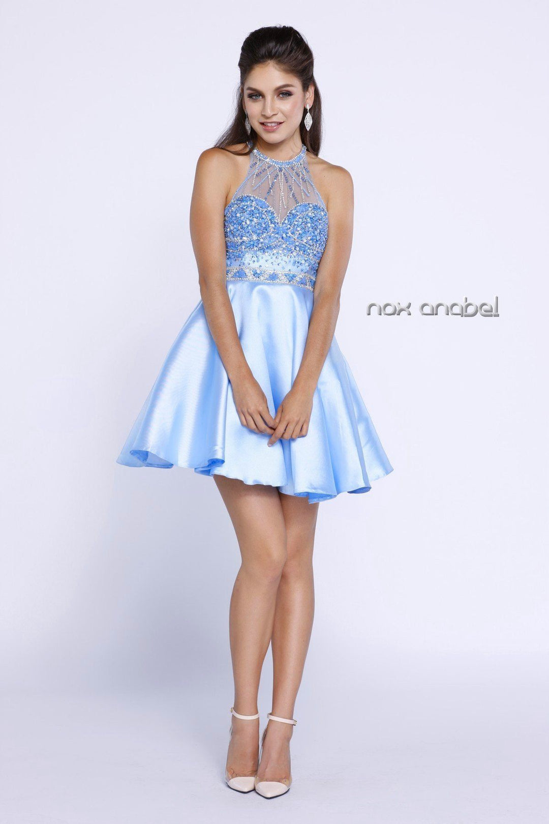 Short Illusion Dress with Embellished Bodice by Nox Anabel 6262-Short Cocktail Dresses-ABC Fashion