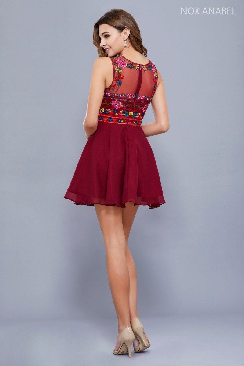 Short Illusion Dress with Floral Appliques by Nox Anabel 6239-Short Cocktail Dresses-ABC Fashion