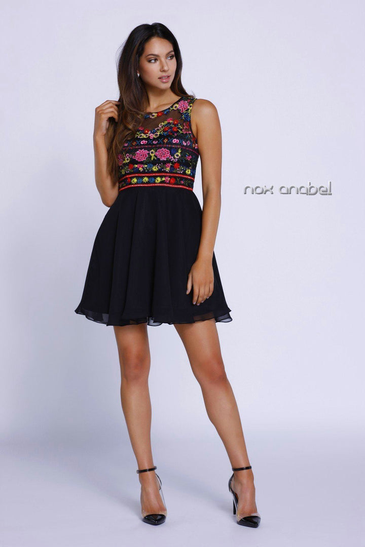 Short Illusion Dress with Floral Appliques by Nox Anabel 6239-Short Cocktail Dresses-ABC Fashion