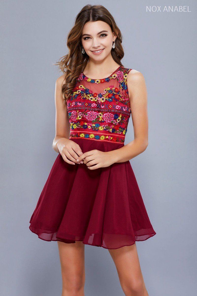 Short Illusion Dress with Floral Appliques by Nox Anabel 6239-Short Cocktail Dresses-ABC Fashion