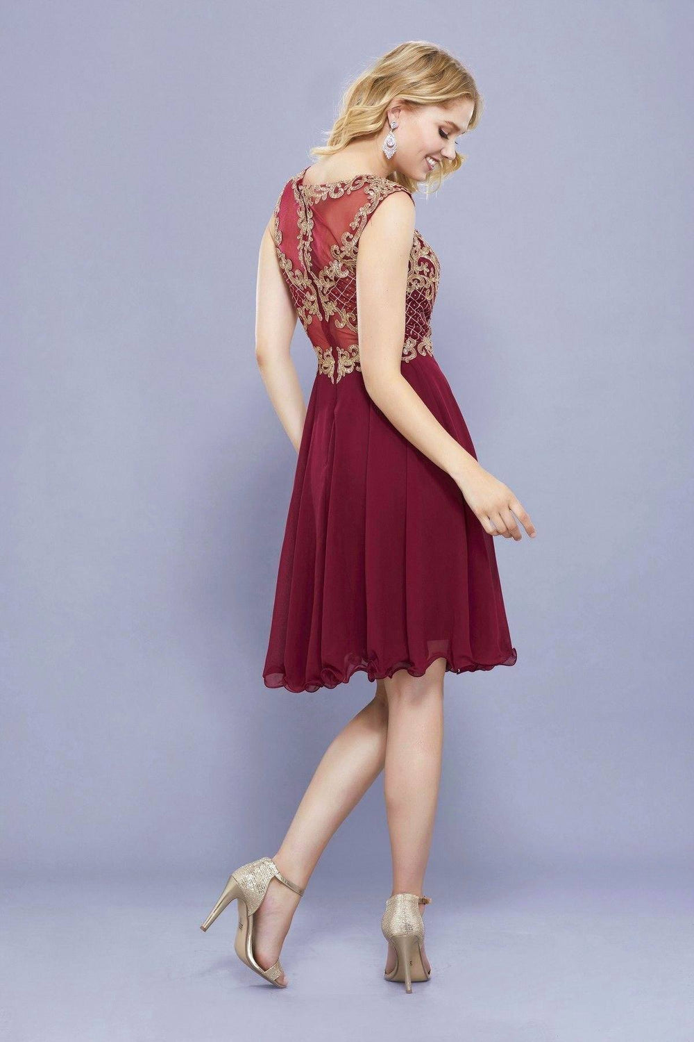 Short Illusion Dress with Gold Lace Applique by Nox Anabel 6321-Short Cocktail Dresses-ABC Fashion