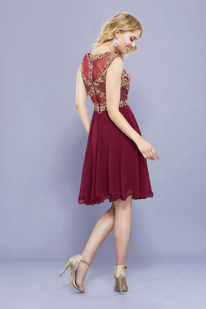 Short Illusion Dress with Gold Lace Applique by Nox Anabel 6321-Short Cocktail Dresses-ABC Fashion