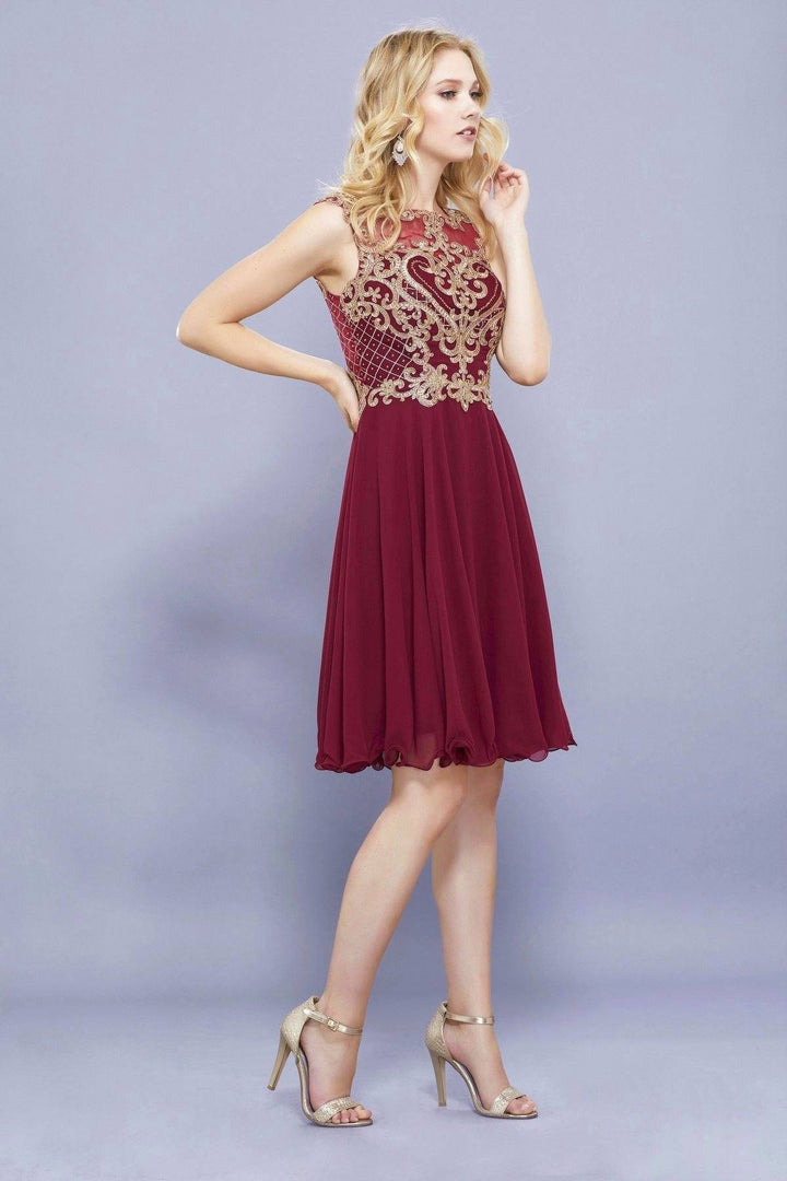 Short Illusion Dress with Gold Lace Applique by Nox Anabel 6321-Short Cocktail Dresses-ABC Fashion