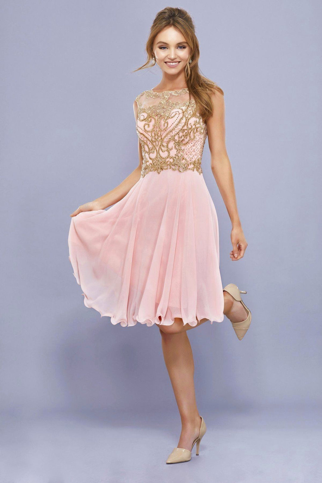 Short Illusion Dress with Gold Lace Applique by Nox Anabel 6321-Short Cocktail Dresses-ABC Fashion