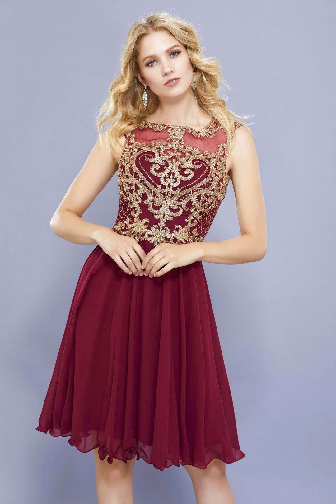 Short Illusion Dress with Gold Lace Applique by Nox Anabel 6321-Short Cocktail Dresses-ABC Fashion