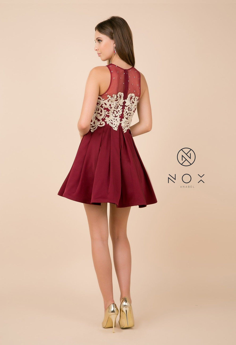 Short Illusion Dress with Lace Applique by Nox Anabel 6338-Short Cocktail Dresses-ABC Fashion