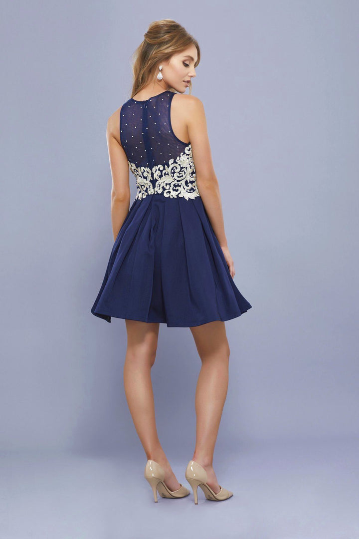 Short Illusion Dress with Lace Applique by Nox Anabel 6338-Short Cocktail Dresses-ABC Fashion