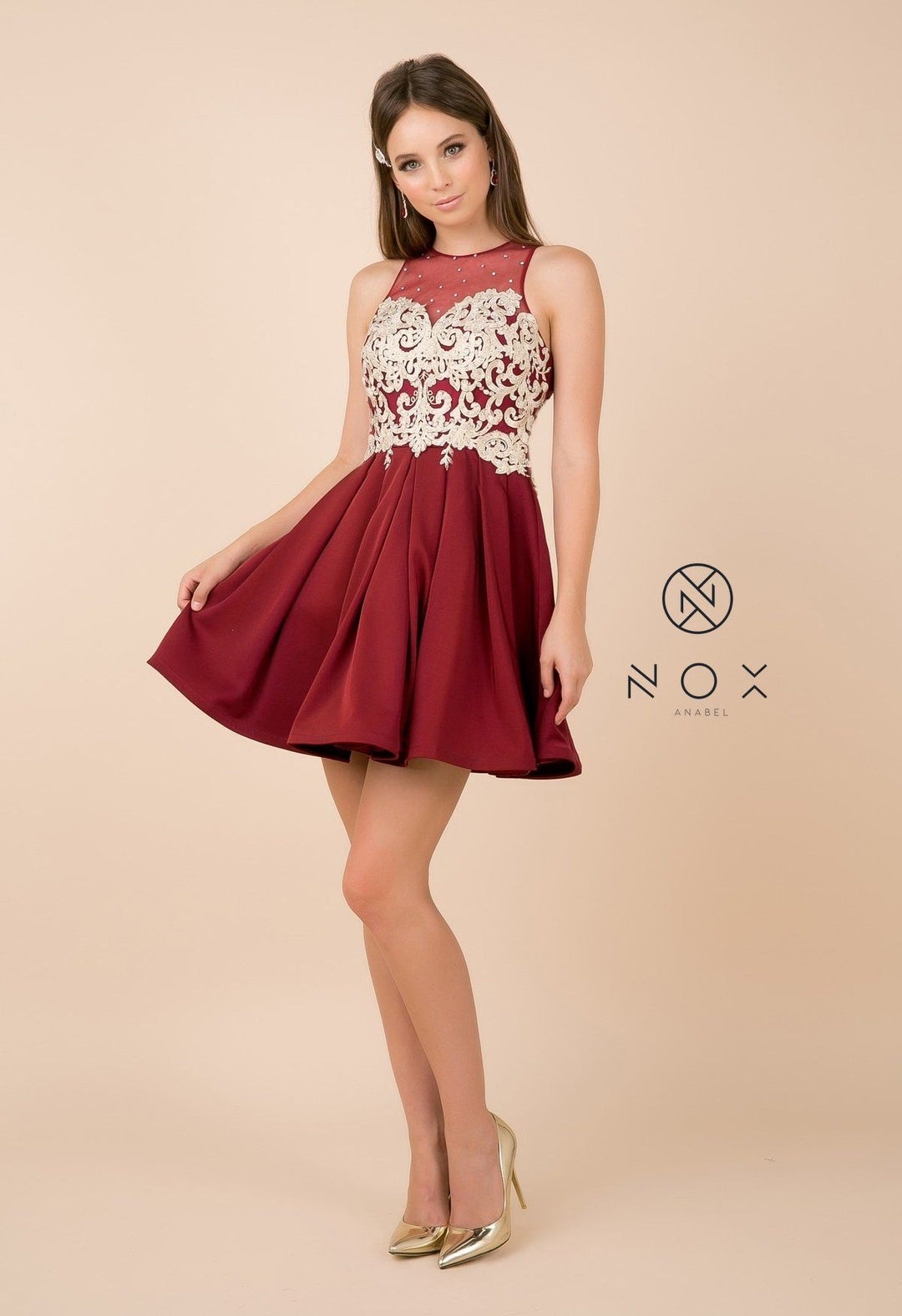 Short Illusion Dress with Lace Applique by Nox Anabel 6338-Short Cocktail Dresses-ABC Fashion