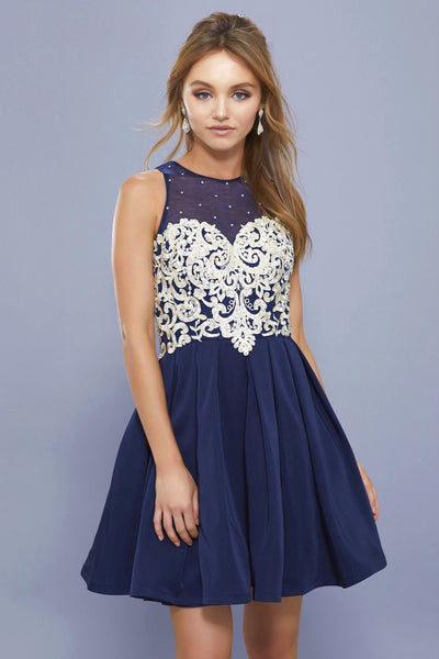 Short Illusion Dress with Lace Applique by Nox Anabel 6338-Short Cocktail Dresses-ABC Fashion