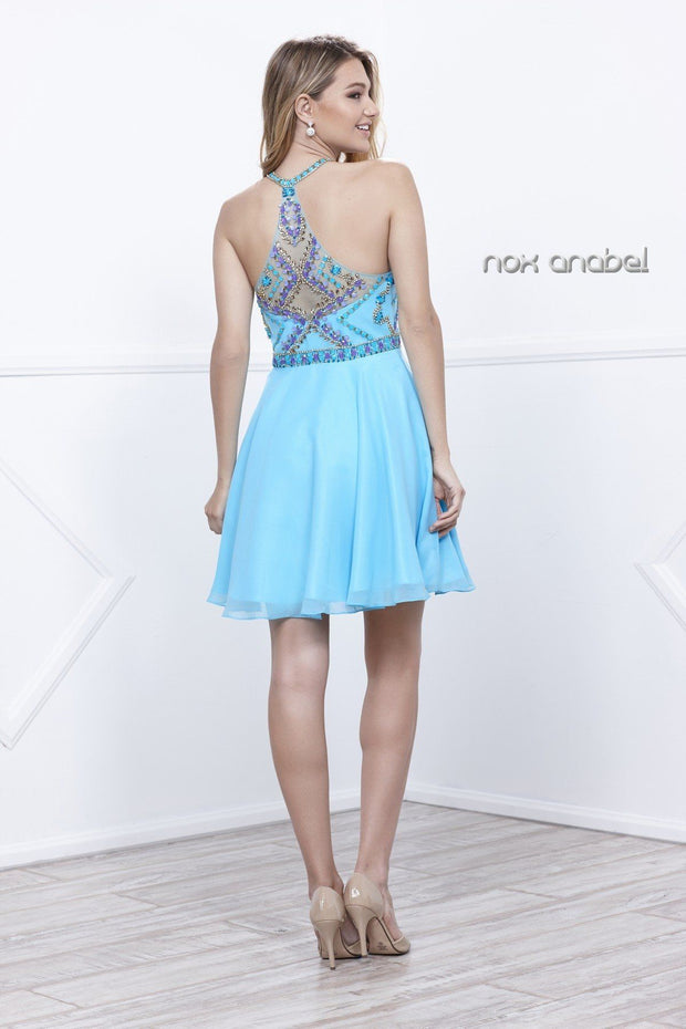 Short Illusion Dress with Pastel Beaded Top by Nox Anabel 6238-Short Cocktail Dresses-ABC Fashion