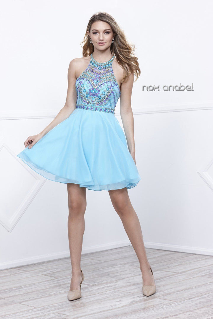 Short Illusion Dress with Pastel Beaded Top by Nox Anabel 6238-Short Cocktail Dresses-ABC Fashion