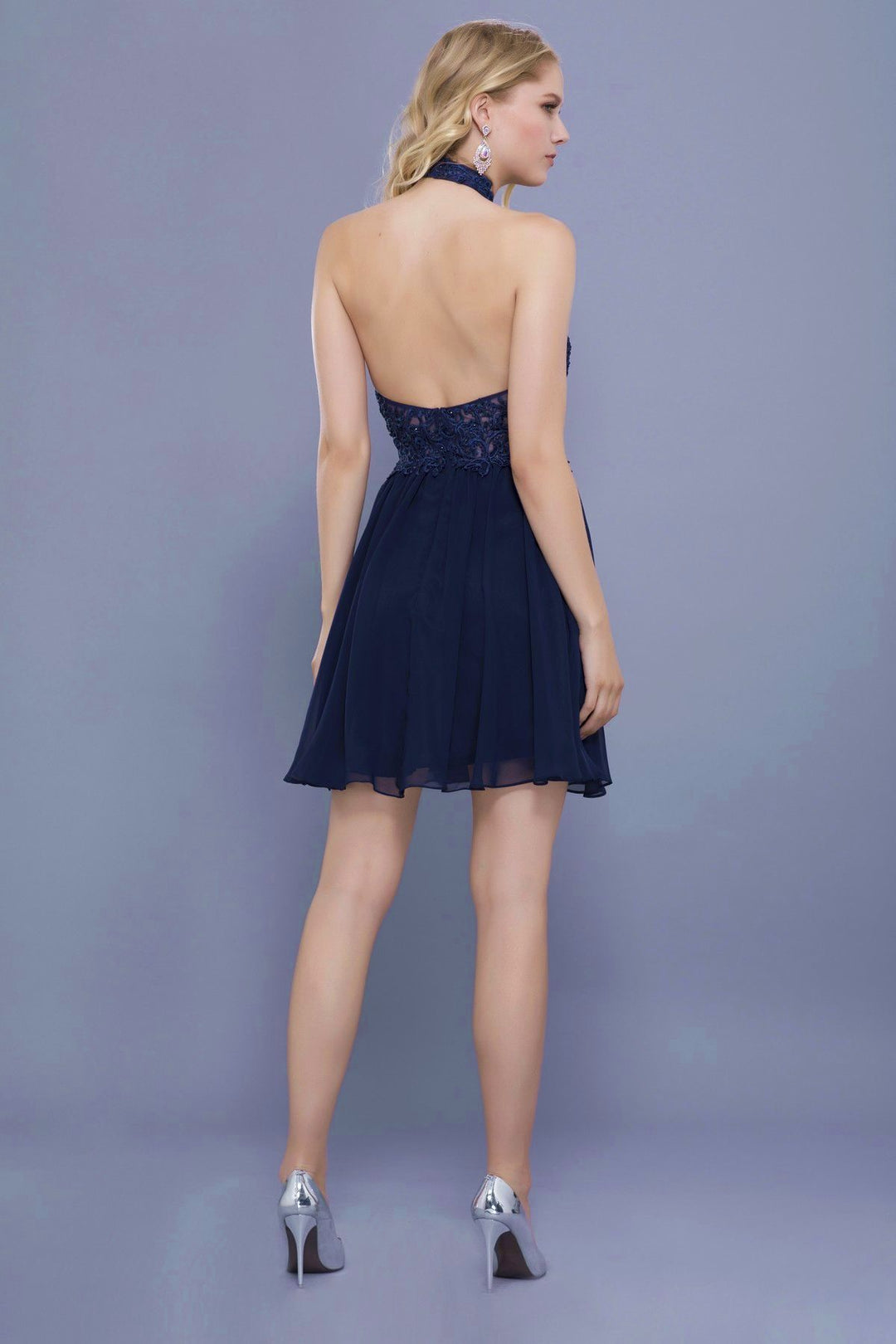 Short Illusion Halter Dress with Lace Applique by Nox Anabel 6308-Short Cocktail Dresses-ABC Fashion