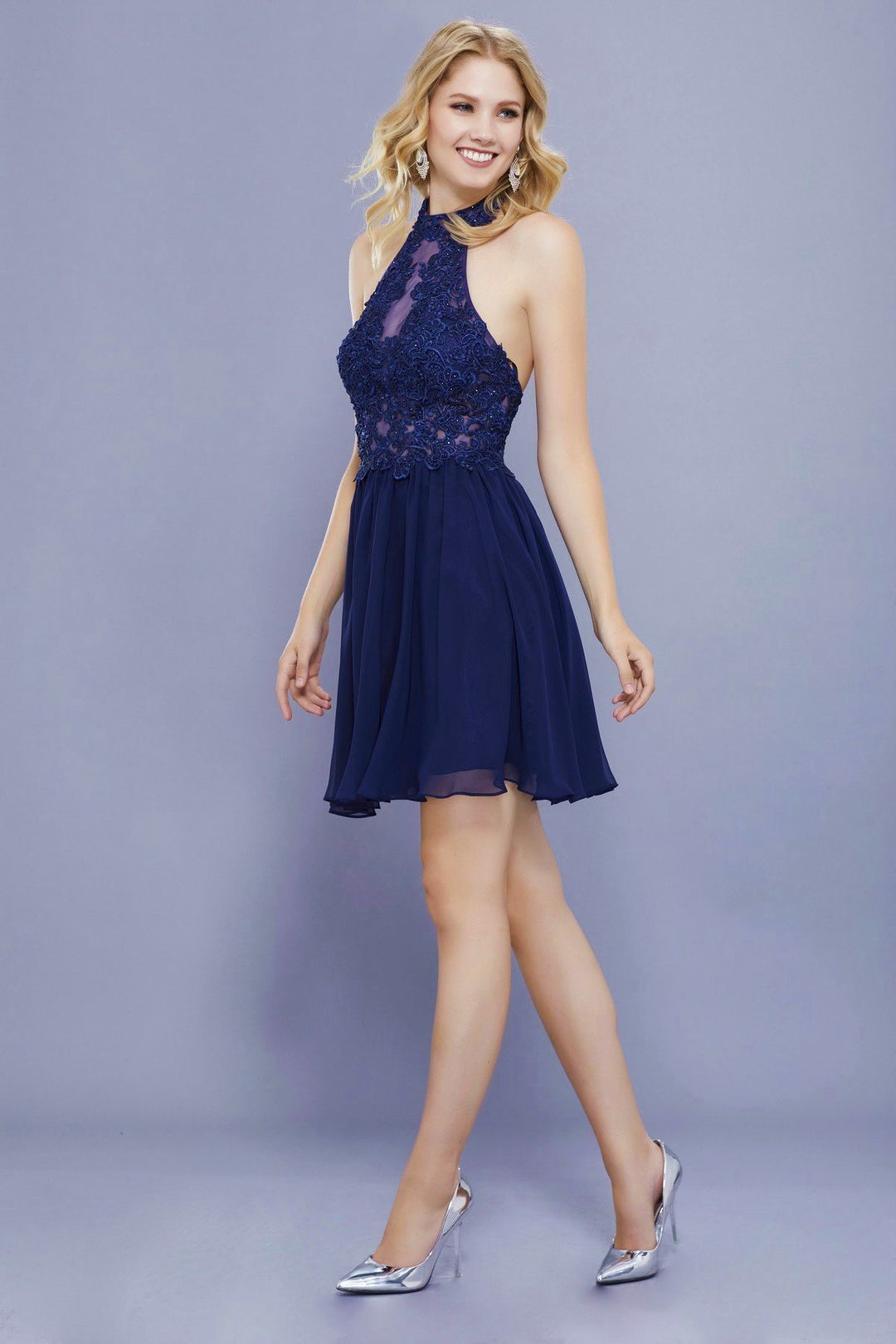 Short Illusion Halter Dress with Lace Applique by Nox Anabel 6308-Short Cocktail Dresses-ABC Fashion