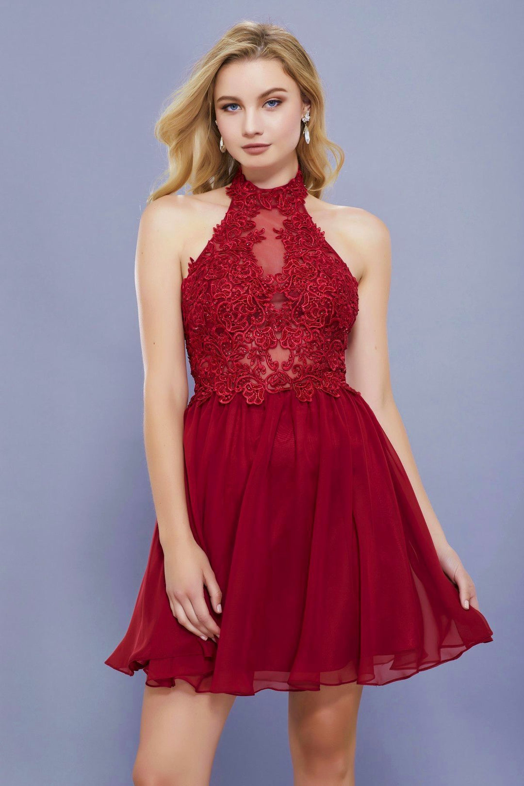 Short Illusion Halter Dress with Lace Applique by Nox Anabel 6308-Short Cocktail Dresses-ABC Fashion