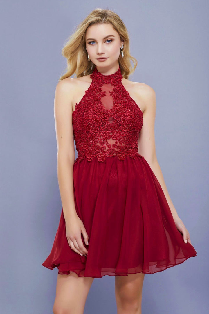 Short Illusion Halter Dress with Lace Applique by Nox Anabel 6308-Short Cocktail Dresses-ABC Fashion
