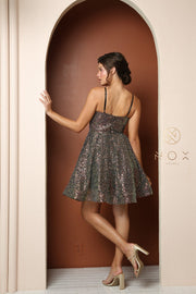 Short Iridescent Sequin V-Neck Dress by Nox Anabel R703