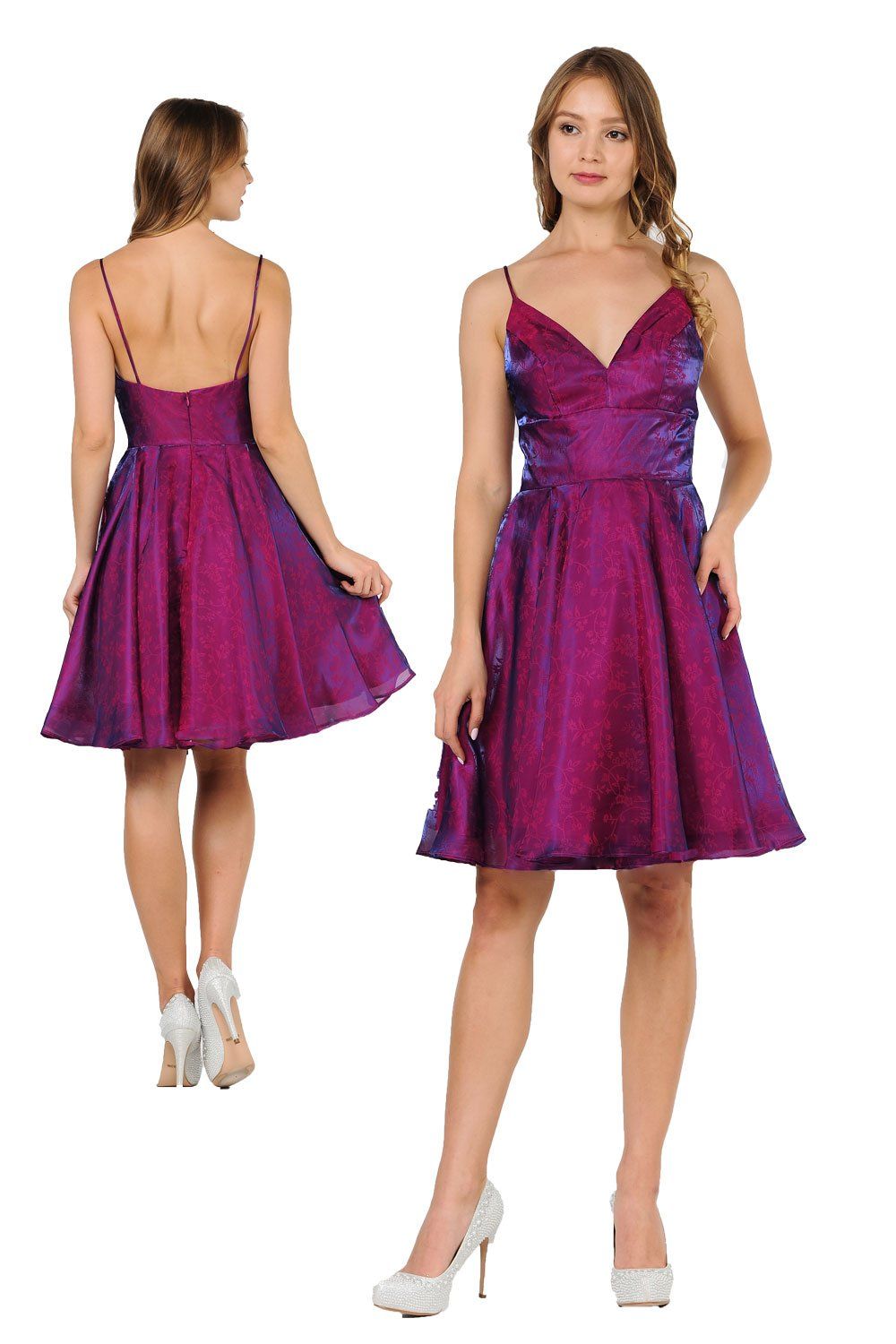 Short Iridescent V-Neck Dress with Pockets by Poly USA 9020-Short Cocktail Dresses-ABC Fashion