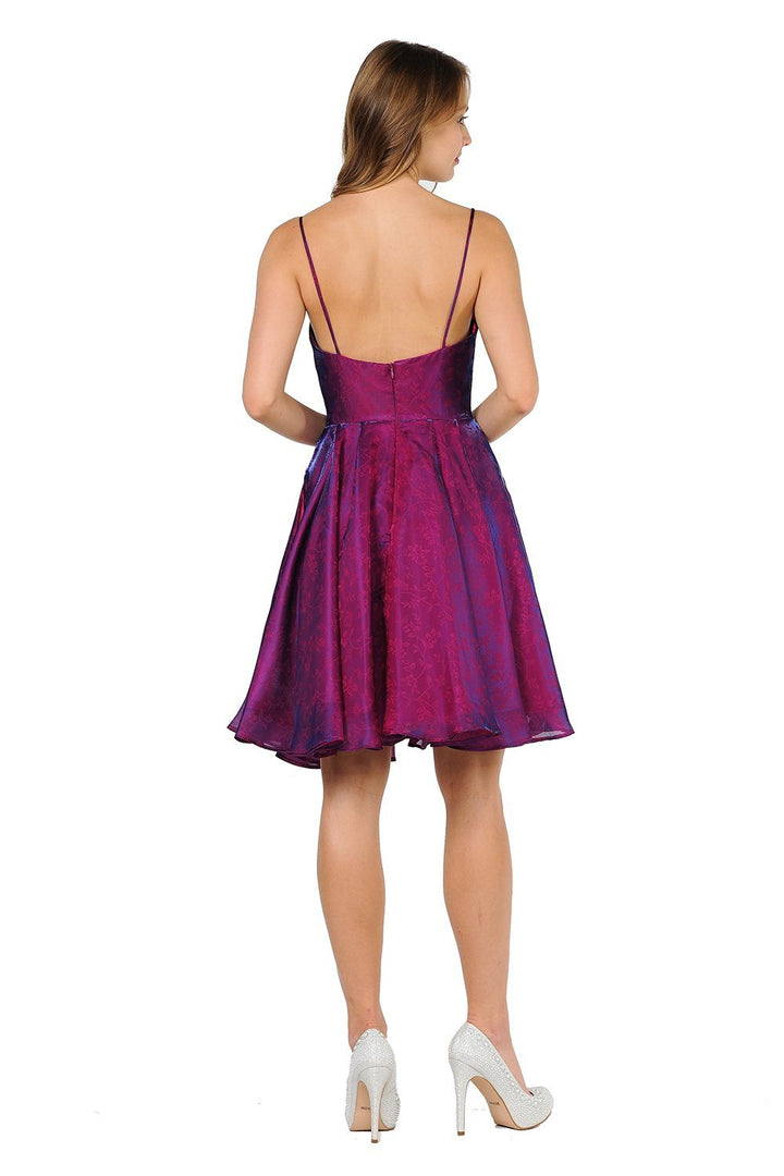 Short Iridescent V-Neck Dress with Pockets by Poly USA 9020-Short Cocktail Dresses-ABC Fashion